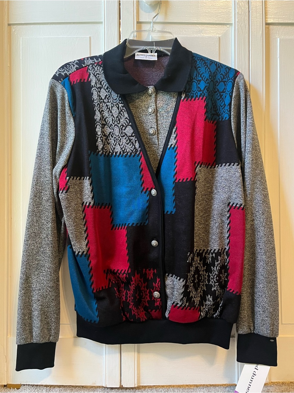 Patchwork Cardigan Sweater and Vest in Gray, Red, & Blue, Vintage Grandpacore